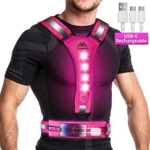 LED Reflective Vest Running Gear, USB-C Rechargeable, Light Up Lights for Night Dog Walking Cycling, Running Phone Holder Vest for Runners, High Visibility with Adjustable Waist/Shoulder