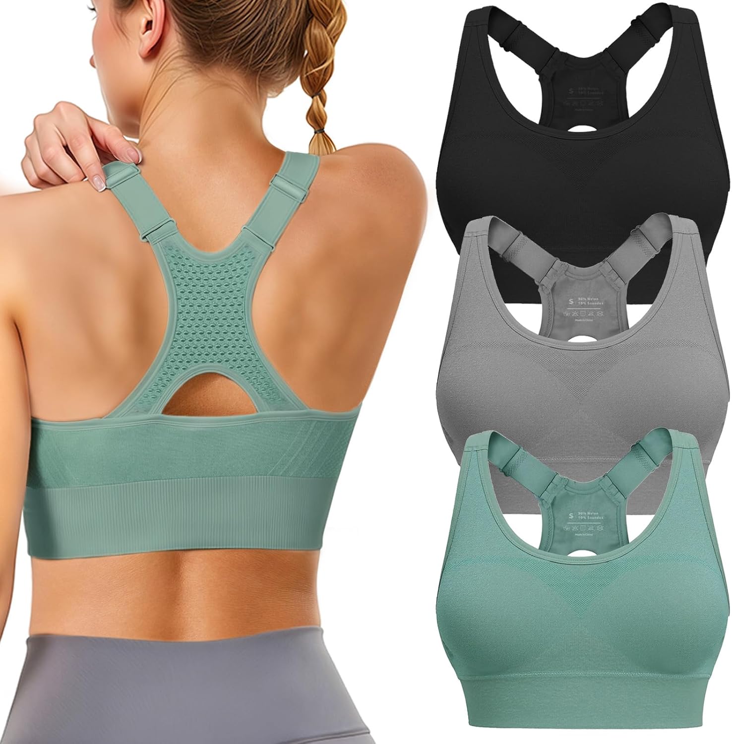 Skiennix Adjustable Sports Bras - High Support Padded Racerback for Large Bust | 3 Pack for Workout & Gym