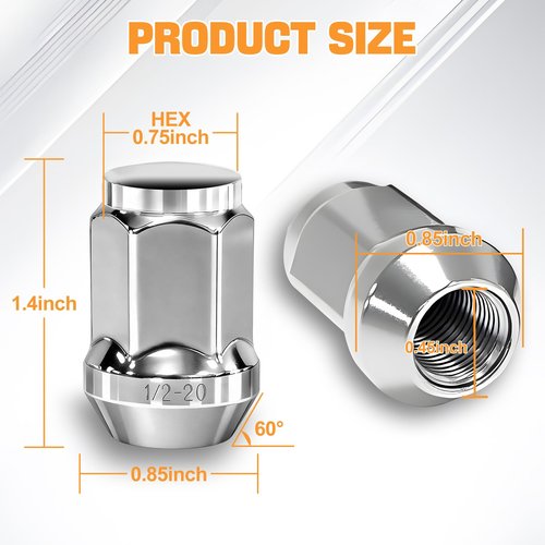 Golf Cart Chrome Wheel Lug Nuts for Club Car & EZGO, 1/2"-20 Size, OEM# 14723-G1, 1010984, 14723-G1, 16 Pack
