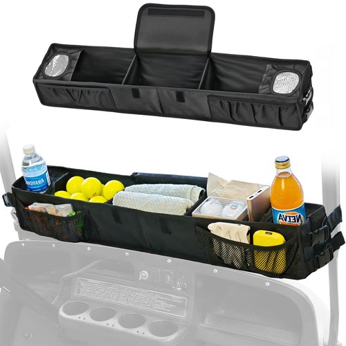 IOOBLBEI Golf Cart Front Storage Basket, Upgraded No-Drilling Golf Cart Storage Tray with Cooling Compartment, Foldable Storage Basket Organizer for EZGO TXT & RXV, Club Car DS & Precedent, Kandi