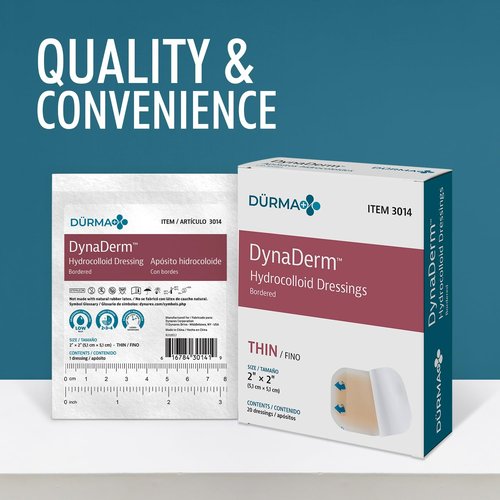 Dynarex Dürma+ DynaDerm™ Hydrocolloid Dressing - Sterile Bordered Wound Patch - Water-Resistant - Flexible Protection - Thin - 2" x 2" - 20 per Box