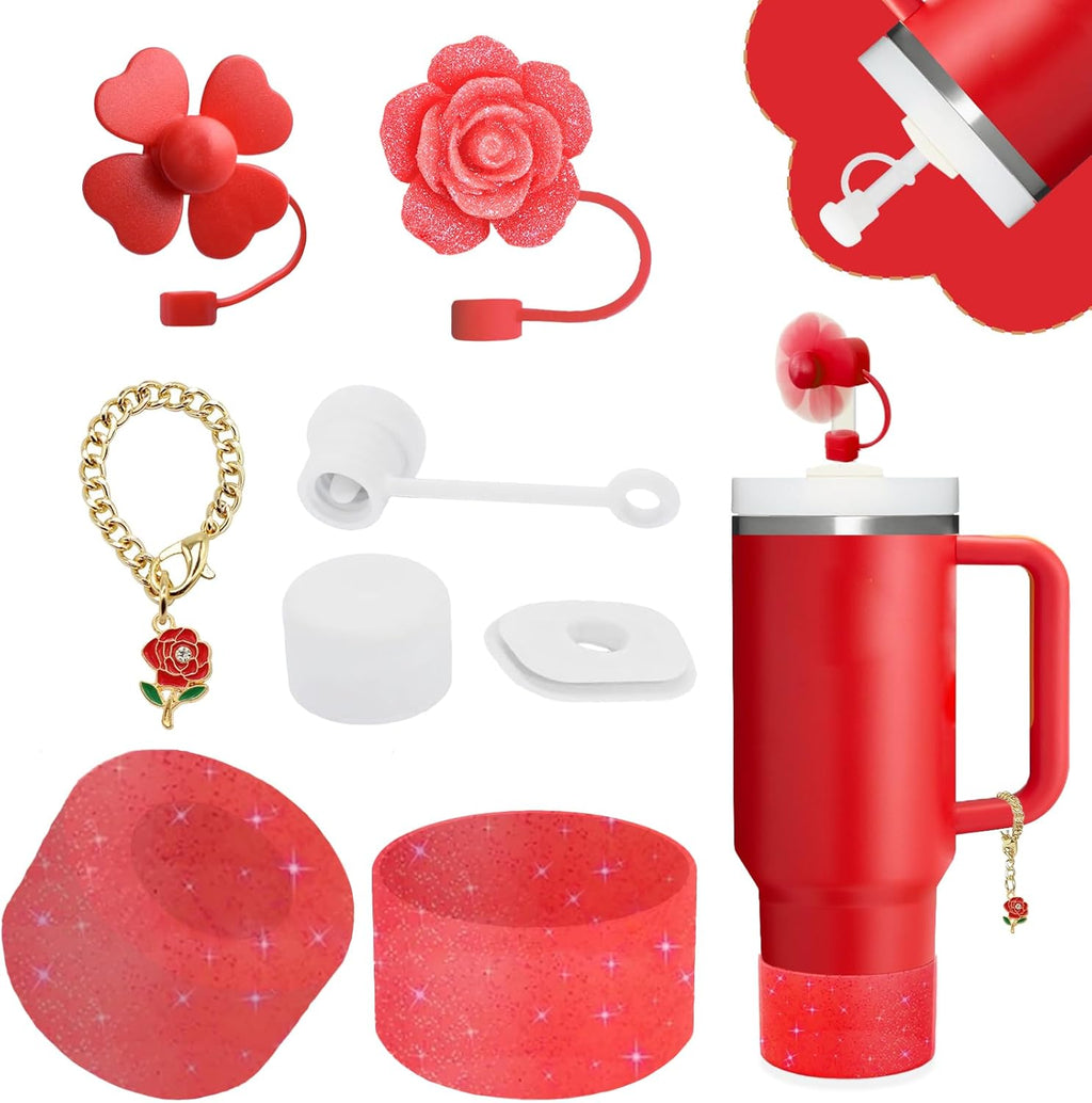 Stanley Cup Accessories Set - 3-Piece Silicone Straw Cover & Spill-Proof Stopper | Cute Rose Handle Charm & Boot for 40/30 Oz Tumblers (Chili)