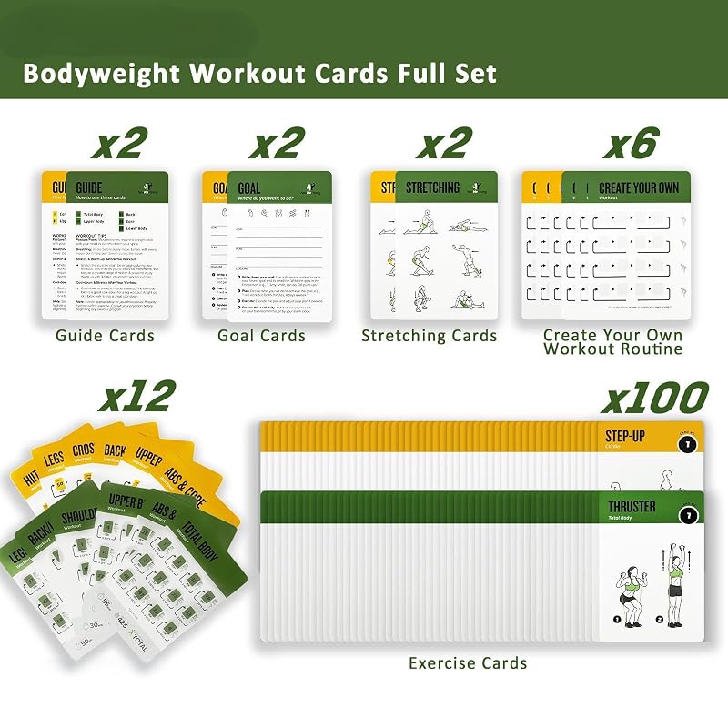ELAORY Bodyweight & Resistance Belt Workout Cards - 100 Exercises, Large 5 x 3.5 in, Includes Variation Green1