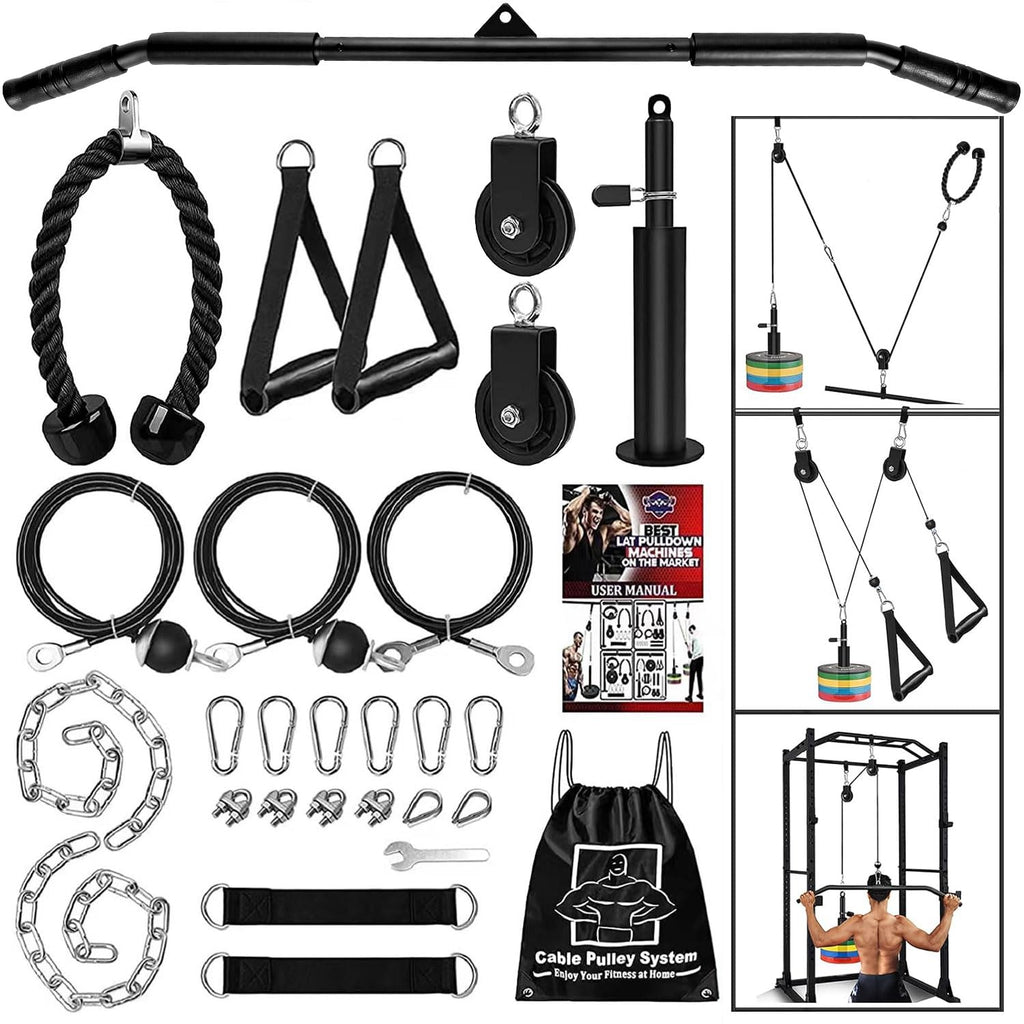 Taeku Fitness LAT and Lift Pulley System, Upgraded Weight Cable Pulley LAT Pull Down Machine Attachments Home Gym Training Equipment for Biceps Curl Triceps Forearm (2 Chains + 102cm Bar)
