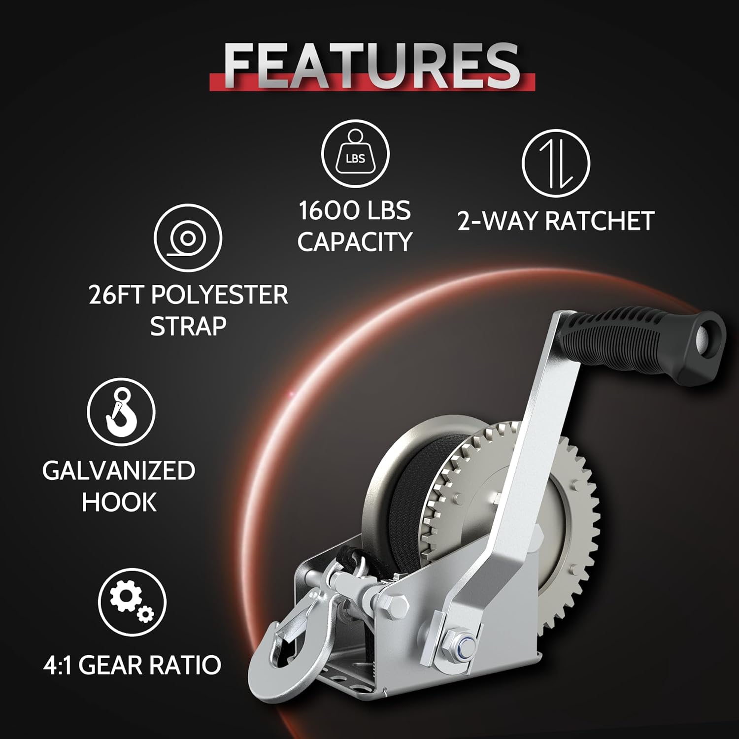 Skiennix Boat Trailer Winch - 1600 LB Heavy Duty Manual Winch with 26FT Strap & Hook