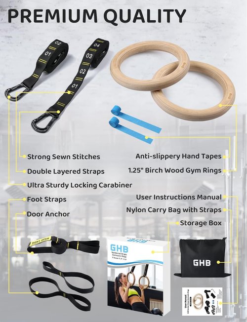 GHB Gymnastic Rings - Wooden 1.25" Gym Rings with Buckle & Carabiner - 2 Pack with Numbered Straps