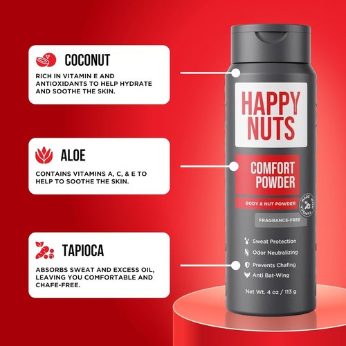 HAPPY NUTS Comfort Powder Deodorant For Men: Anti-Chafing, Sweat and Odor Control for Jock Itch, Aluminum-Free, Ultimate Gift for Men's Private Parts 4 oz (1 Pack), Fragrance-Free