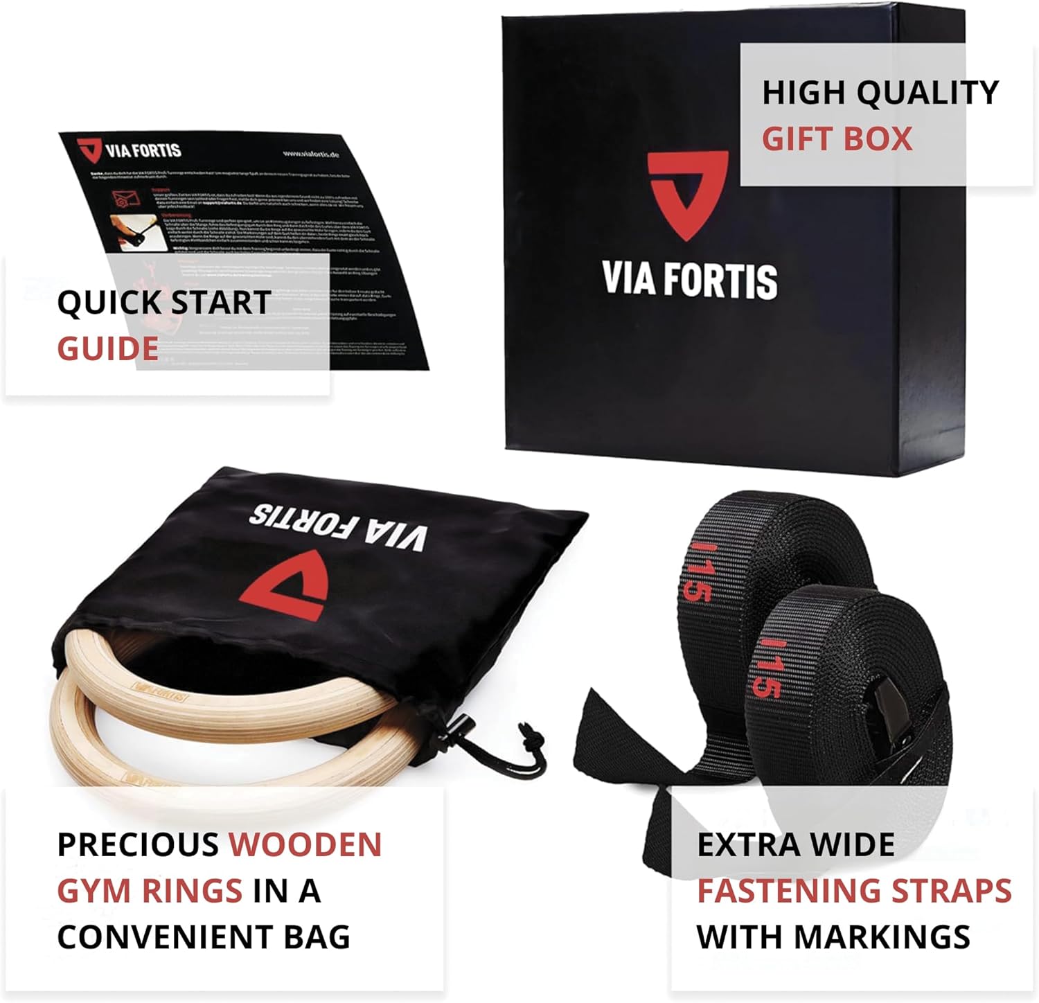 VIA Fortis® Premium Wooden Gym Rings - Extra Wide Straps & Workout Guide for Calisthenics | Crossfit