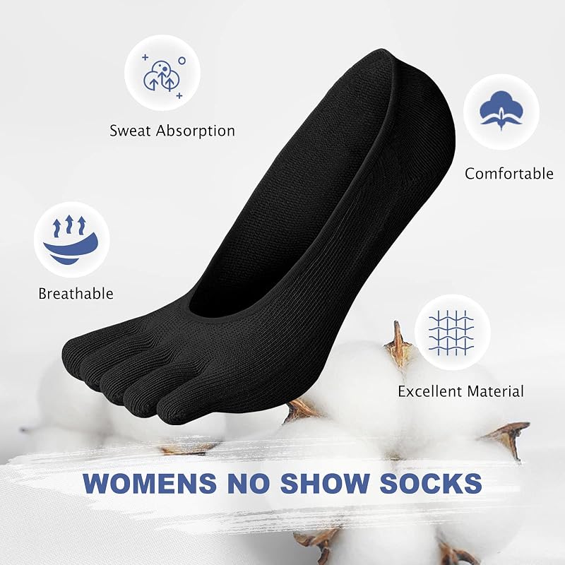 No Show Toe Socks Women 6 Pack - Low Cut Five Fingers Cotton Boat Socks