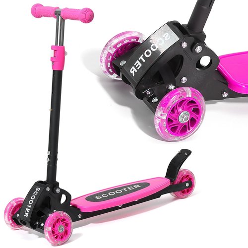 HOSKO Kick Scooter for Kids 2-7 Age， Light up 3 Wheels Kick Scooter, Heavy Duty Folding Lean-to-Steer Scooters with 3 Adjustable Handlebar for Boys Girls Pink