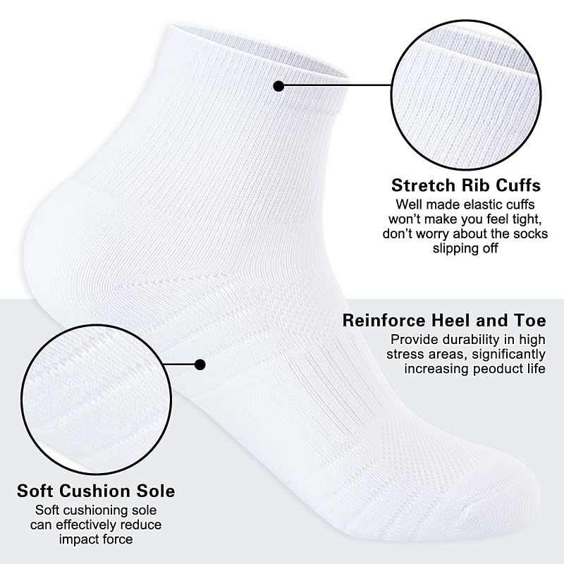 Monxiery 5 Pairs Mens Cotton Cushioned Ankle Socks, Moisture-Wicking Breathable Athletic Socks – White, Large-XL