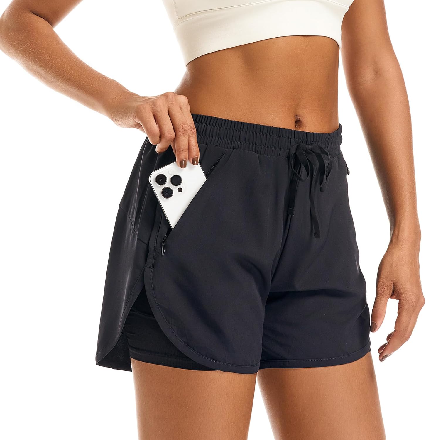 Skiennix Women's 2-in-1 High-Waisted Athletic Running Shorts - Comfy Liner & Zipper Pockets