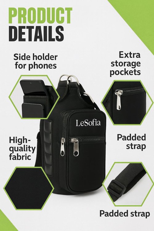 lesofia Magnetic Gym Bag Water Bottle Holder with Phone Pockets & Shoulder Strap,5 Built-in Magnets Gym Bottle Pouch Carrier Sleeve,Magnetic Bag Gym Accessories Organizer for Men Women (Black)