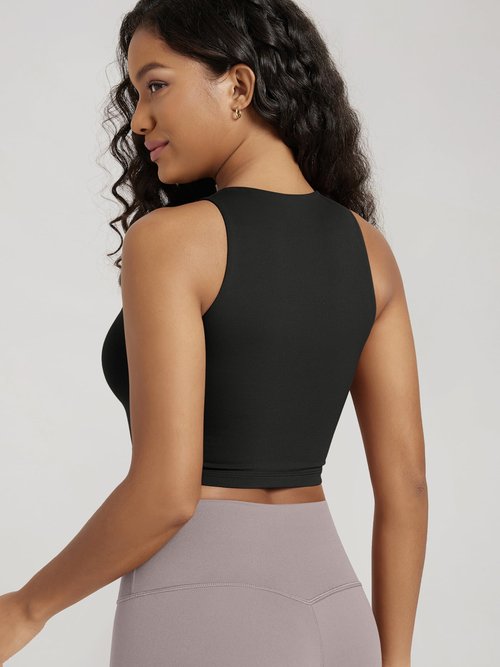 ODODOS Double Layer High Neck Crop Tank for Women Cloud Feeling Sleeveless Casual Yoga Cropped Tops, Black, X-Large