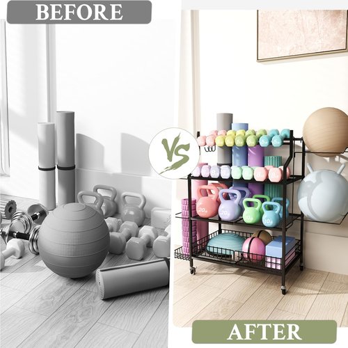 Hadulcet All-in-One Dumbbell Rack, 4-Tier Adjustable Weight Rack for Dumbbells, Home Gym Storage for Yoga Mat, Kettlebell, Foam Roller & Balls, Workout Equipment Storage with Hooks and Wheels