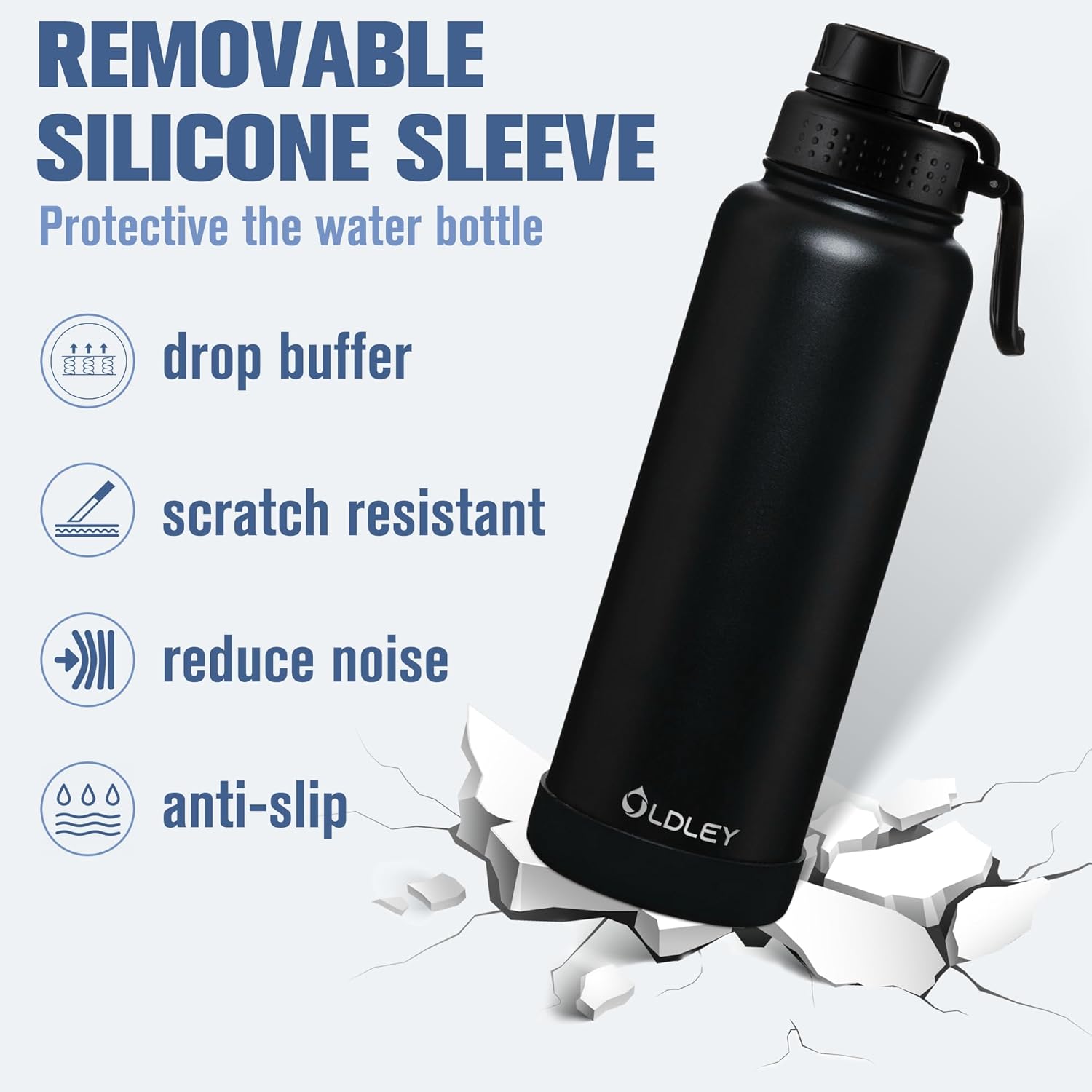 OLDLEY 40 oz Insulated Water Bottle - Stainless Steel Sports Flask with 3 Lids | Black Travel Mug