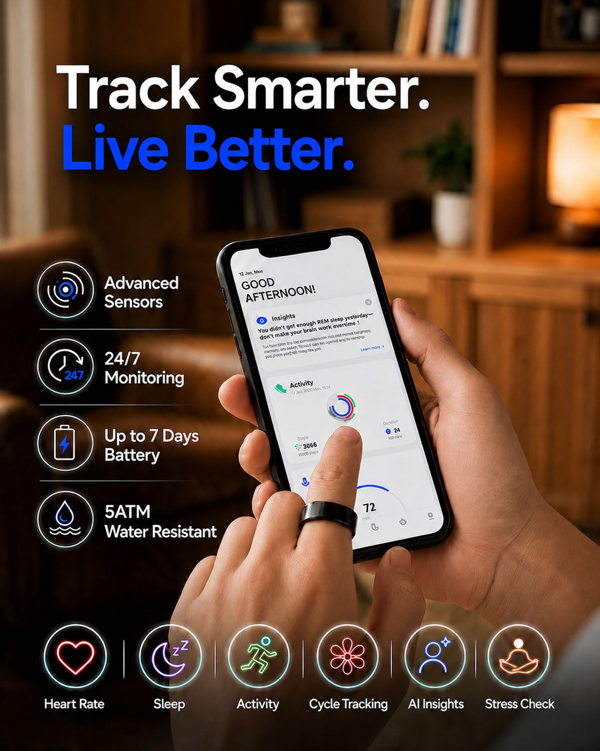 HOU AI Smart Ring for Men & Women, No Subscription Health Tracker Ring & Sleep Tracker Ring, AI Recovery, Heart Rate, SpO2, 5ATM Waterproof Ceramic Black w/Charging Case, Size 10