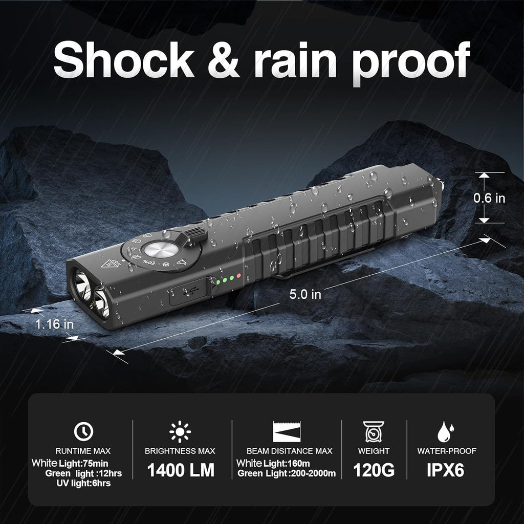 Solofish 1400-Lumen EDC Flashlight - 5-in-1 Portable LED with UV, Green Light & Strobe Function
