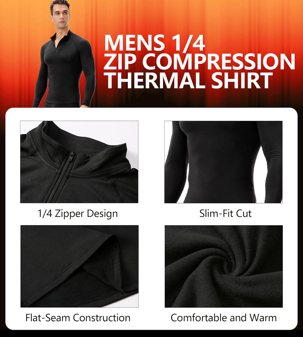 Skiennix Men's Quarter Zip Thermal Compression Shirt - Fleece Long Sleeve Athletic Base Layer Tee