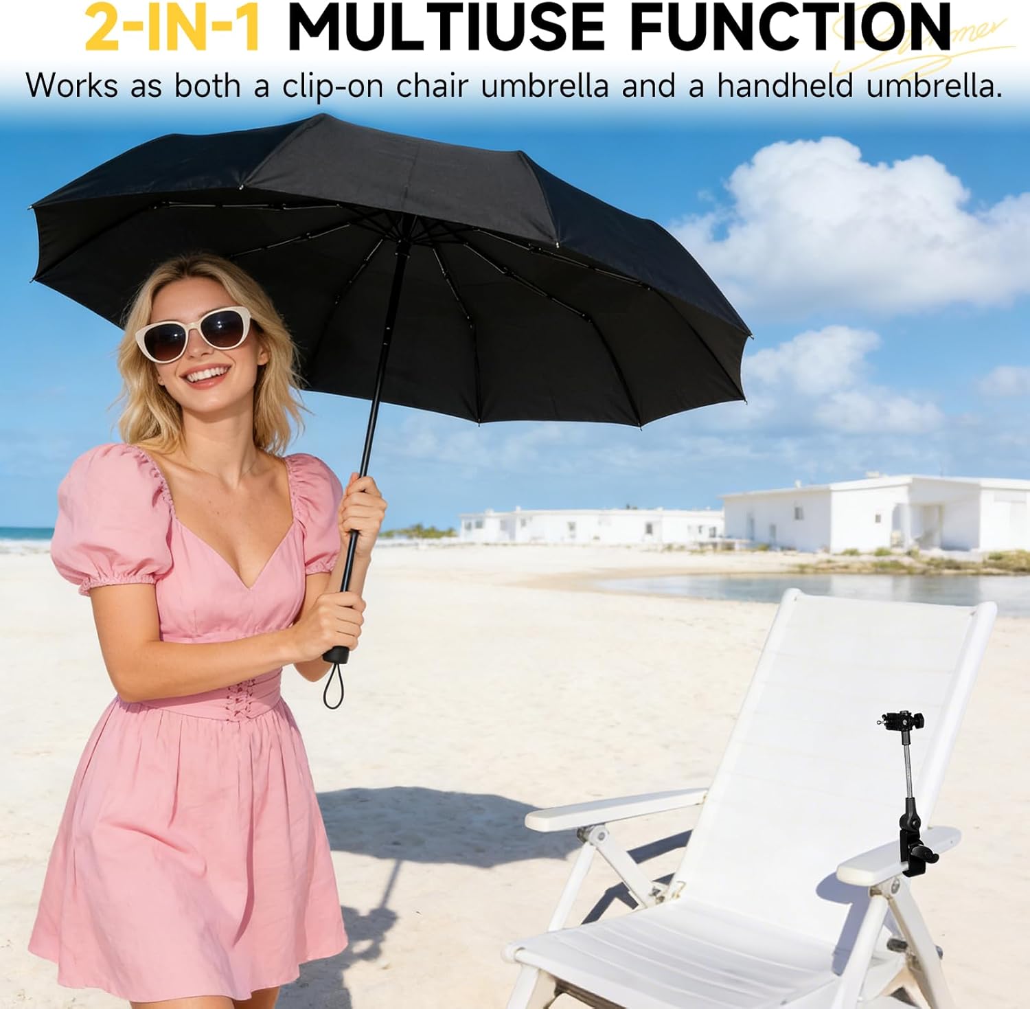 Skiennix Chair Umbrella - Double Canopy Sunshade with 360° Swivel & UPF 50+ Protection | 39.4in Clip-On for Beach, Camping, Stroller, Wheelchair, Golf Cart