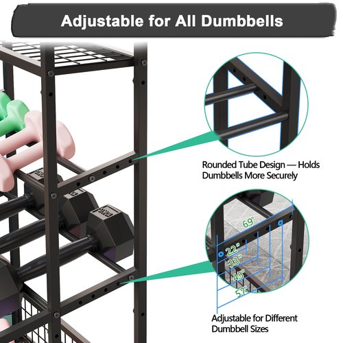 3-Tier Dumbbell Rack Stand Only - Adjustable Weight Rack for Home Gym, Heavy-Duty Weight Stand With Hooks for Dumbbells Kettlebells Foam Roller Yoga Mats Workout Equipment Storage Organizer