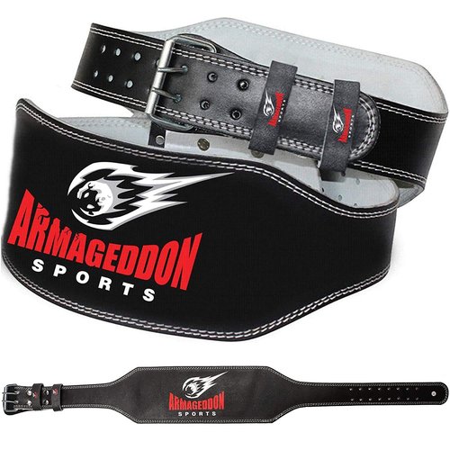 Weight Lifting Belt - 6 Inch Genuine Leather Padded Gym Belt - Supports and reduces stress - Ensures comfort and protection - Premium Quality by Armageddon Sports (XL)