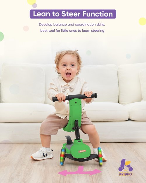 KRIDDO 5-in-1 Kids Kick Scooter, Lean-to-Steer, Toddler Toy Scooter with Adjustable Height, 3 Lighted Wheels, Ideal for Indoor & Outdoor, Gift for Kids Ages 1-5 Years, Green