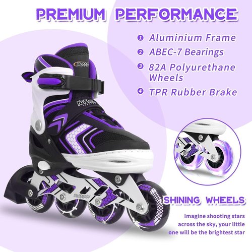 Nattork Adjustable Inline Skates - Light-Up Wheels for Kids | Beginner Roller Skates in Purple, Pink, Blue, Black