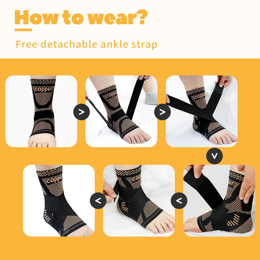JIUFENTIAN Copper Ankle Brace Adjustable Compression Sleeve (Pair)-Ankle Support Heel Brace for Achilles Tendonitis, Plantar Fasciitis-Eases Swelling and Sprained Ankle(Large)