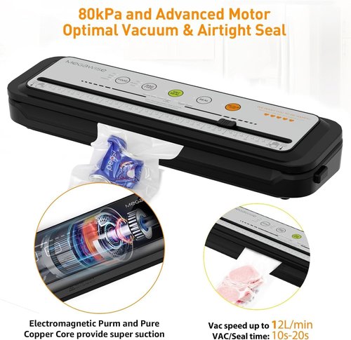 MEGAWISE 2025 Vacuum Sealer Machine - One-Touch Automatic Sealing in 10-20 Seconds | Compact Design with 10 Bags (Grey)