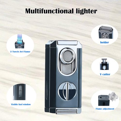 Reetsing Windproof Triple Jet Flame Torch Lighter with Stand – Refillable and Adjustable 3 Flame Lighter with Built-in V-Cut, Quality Gift for Men（Without Butane）