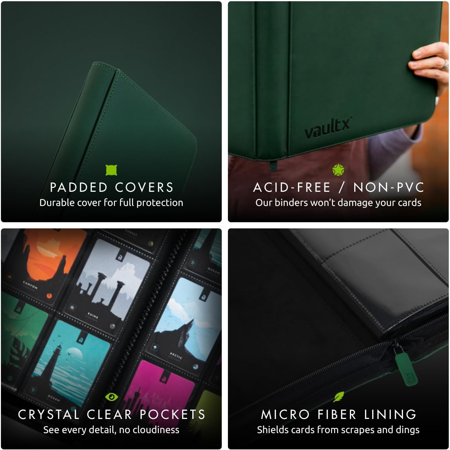 Vault X 9 Pocket Trading Card Zip Binder - Premium Exo-Tec Material, Holds 360 Cards | Green