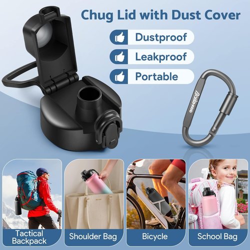Bosizhang Water Bottle Lid Replacement for Wide Mouth with D-ring shape locking carabiner, Auto Spout and Button Lock, Compatible with Hydro Flask, Bubba, Contigo, Iron Flask, Takeya and Other Brand