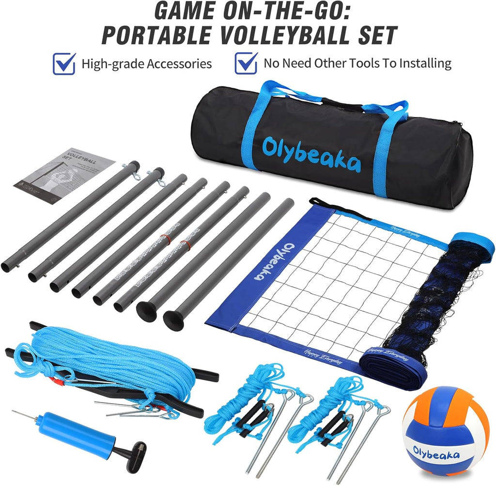 Skiennix Portable Outdoor Volleyball Net Set - Heavy Duty Poles, Durable Net & PU Volleyball | 32ft, Blue