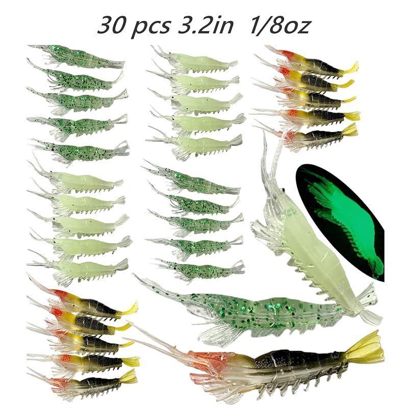 Mixed 30Pcs Luminous Shrimp Bait Soft Plastic Lures Kit 3.2in 1/8oz Fishing Tackle