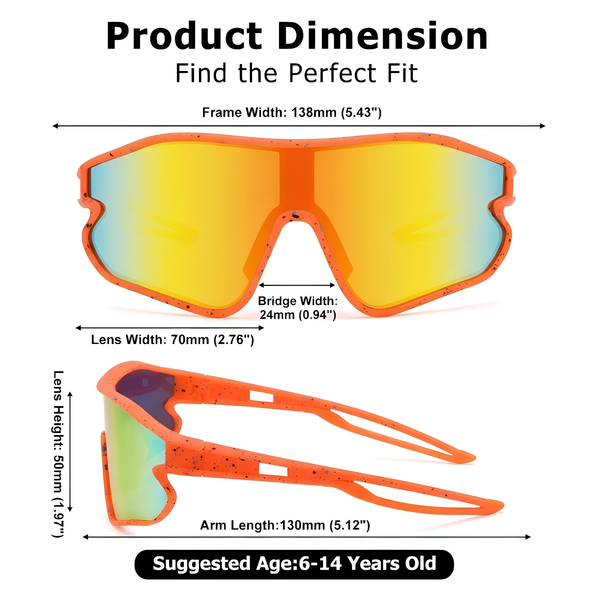 GLARDEFE Kids Baseball Sunglasses - Youth Baseball Sunglasses for Boys Girls - Sports Softball Shades Age 6-14(Orange/Red Mirror)
