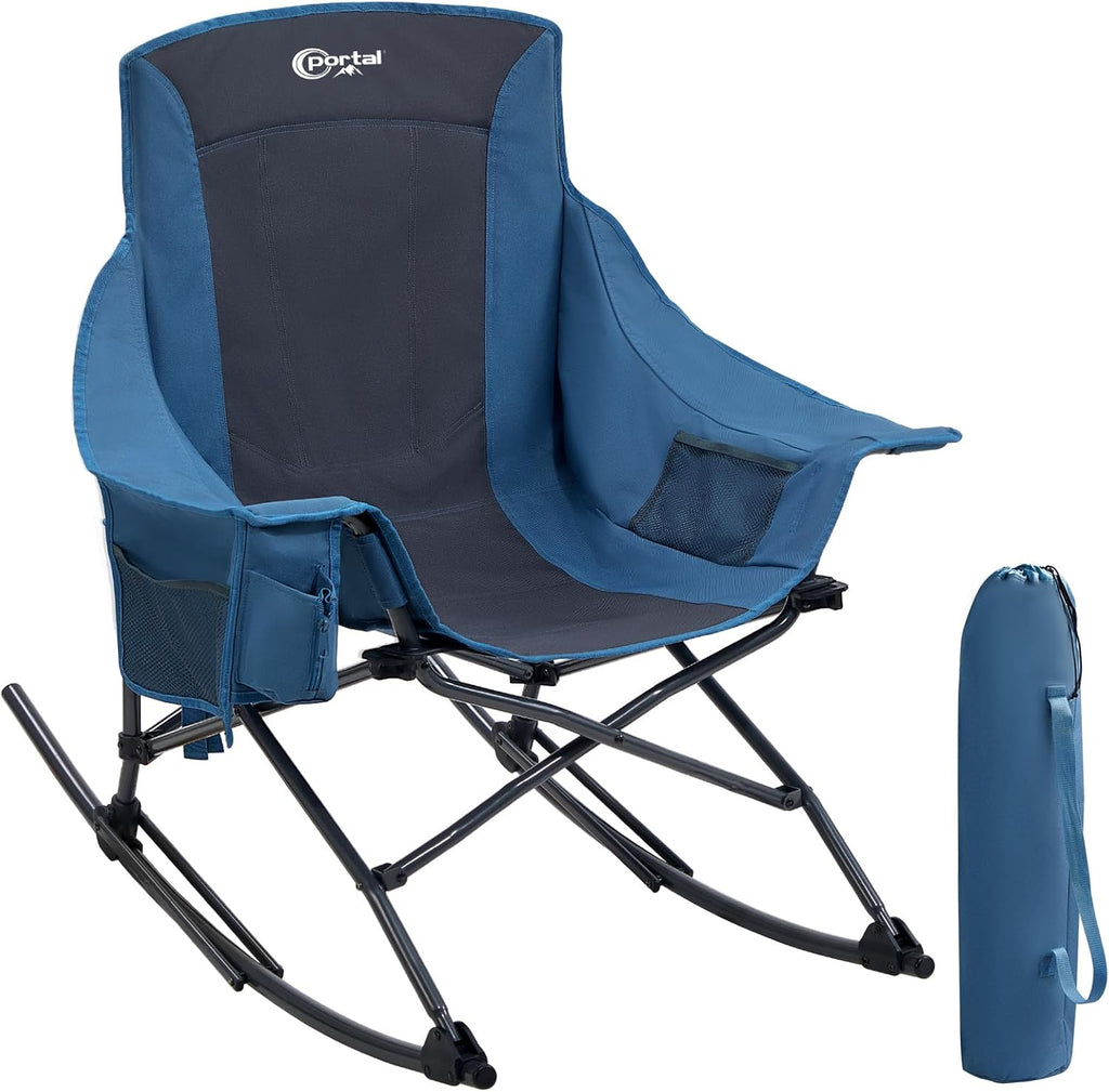 Portal Outdoor Rocking Chair - Portable Folding Rocker with Cup Holder & Side Pocket | Supports 350LBS, Blue