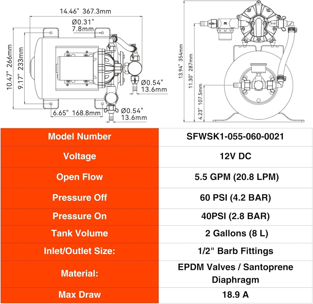 SEAFLO Marine Water Pump - 12V DC 60 PSI 5.5 GPM with 2 Gallon Accumulator Tank | Quiet Operation & 4-Year Warranty