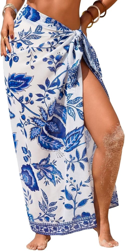 Herseas Sheer Sarong Swimsuit Cover-Up - High Slit Floral Print Chiffon Wrap for Summer Beach