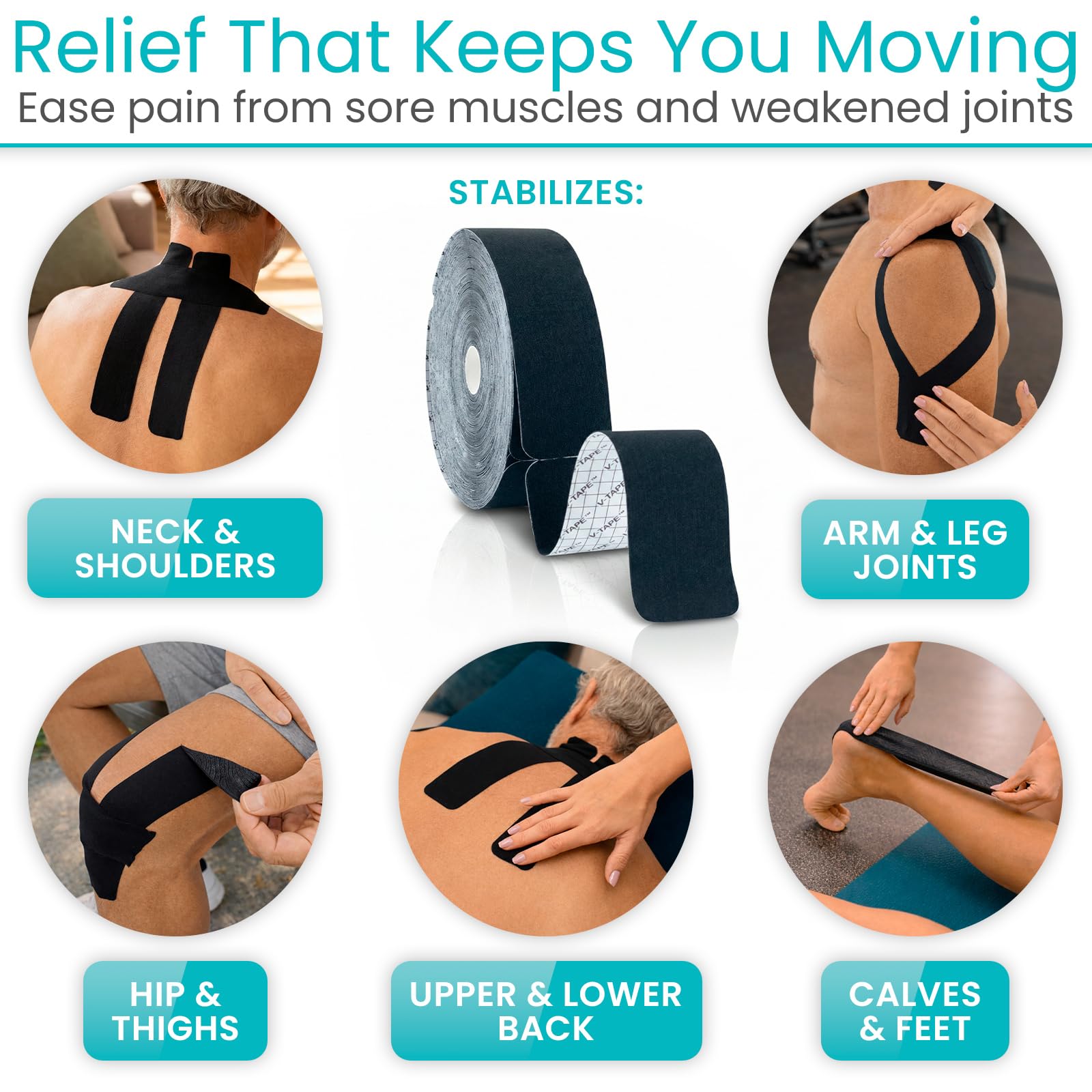 Vive Kinesiology Tape Roll - Tape Precut Strips (2" x 105 Feet/128 Strips) - Kinesio Sports Tape Athletic - Knee, Shoulder, Ankle, Muscle K Tape Adhesive Elastic Wrap - Body Kinetic Tape Waterproof