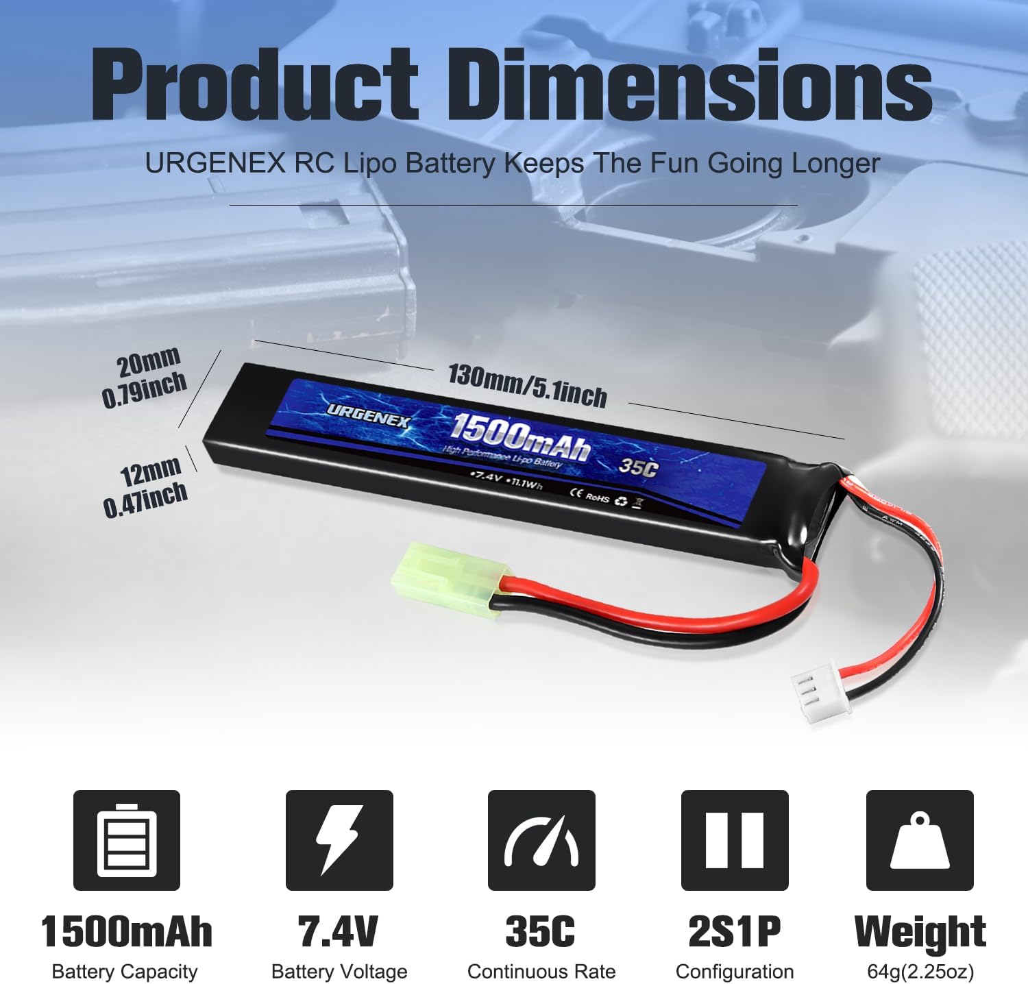 URGENEX 7.4V 1500mAh 35C Lipo Battery Pack - High Discharge Rate with Mini Tamiya Plug & USB Charger