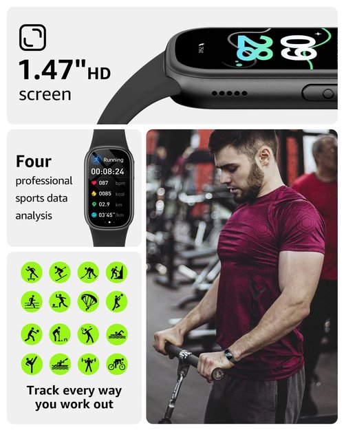BUTFORFIT Fitness Tracker, Smart Watch with 1.47" HD Touch Display, 137+ Sport Modes Fitness Watch with Heart Rate Sleep Monitor, Step Counter, Calorie, IP68 Waterproof Activity Tracker for Women Men