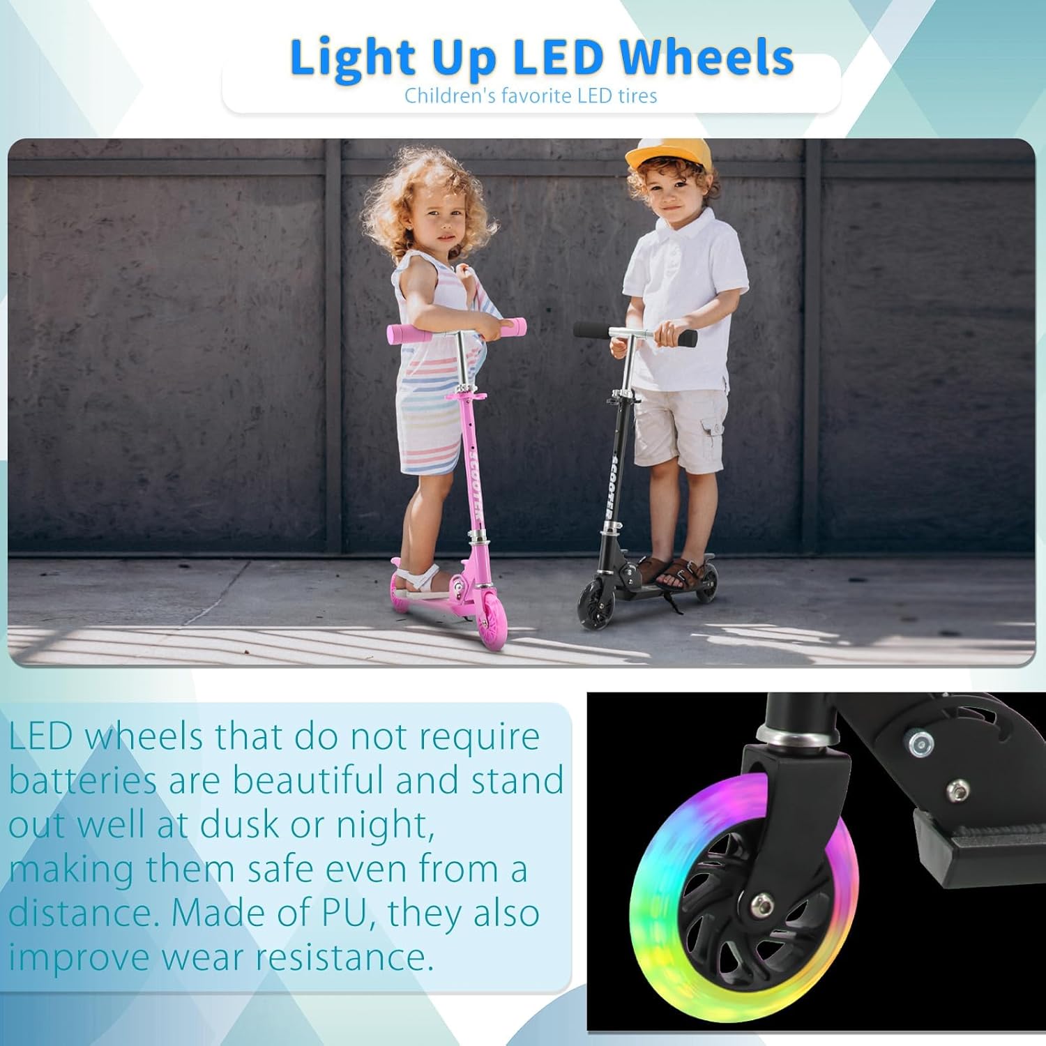 Skiennix Kids Scooter - Light-Up Wheels, 3 Adjustable Height Levels, Rear Brake