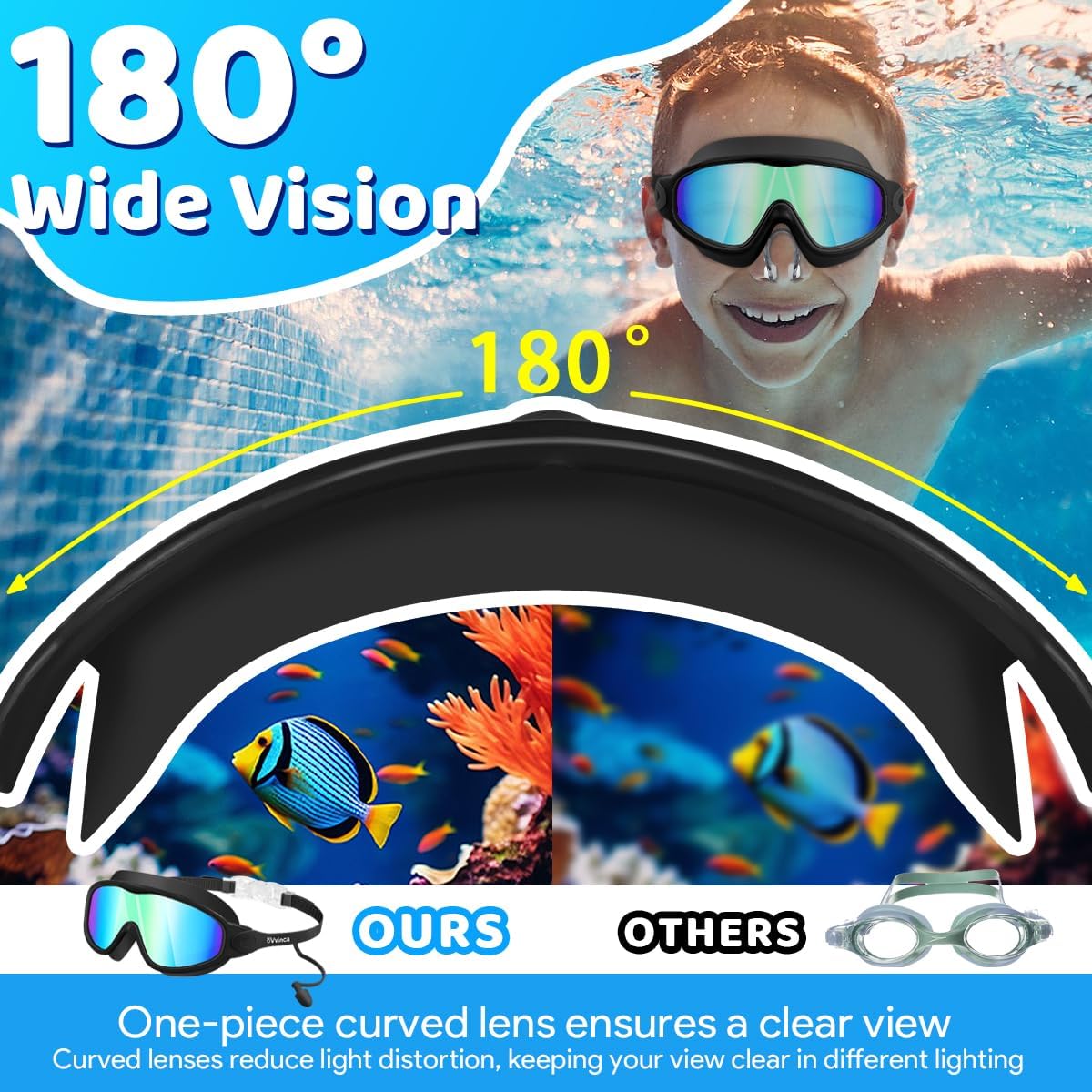Vvinca Swim Goggles - Kids' Anti-Fog & UV Protection Goggles with Earplugs & Nose Clip | Ages 3-15