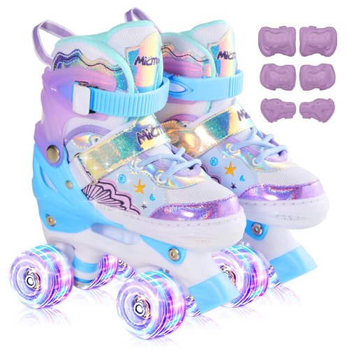 Kids Roller Skates with 6 Protection Pads, Adjustable Size Girl Roller Skates for Kids Beginner, Toddlers Roller Skate with 8 Light Up Wheels,Outdoor Roller Skates for Boys and Girls Ages 3-12