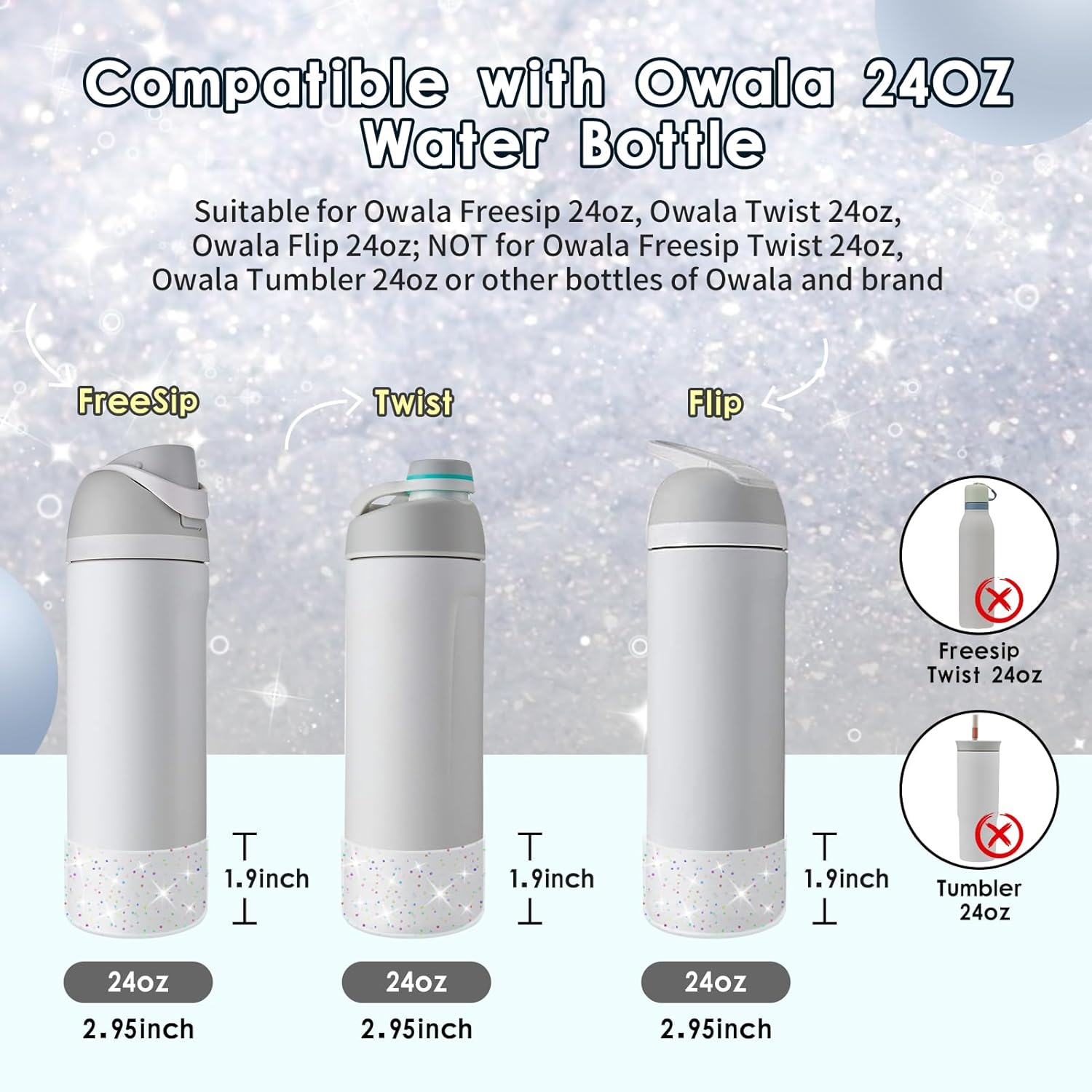 Owala Protective Glitter Silicone Boot - Bling Cup Sleeve for 24oz, 32oz, 40oz Water Bottles
