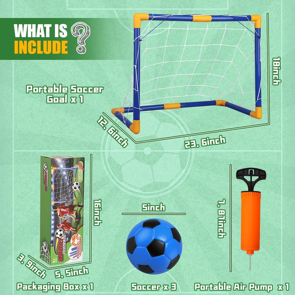 Soccer Goal Set - Portable Mini Soccer Net with 3 Balls for Kids | 23" W x 18" H x 12" D
