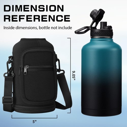Water Bottle Sleeve with Pocket & Strap - 64 oz Insulated Water Bottles Carrier Bag with Strap, 2 Zip Pockets Neoprene Pouch, Water Jug Holder for Camping Travelling, Flask Accessory Carrying Case