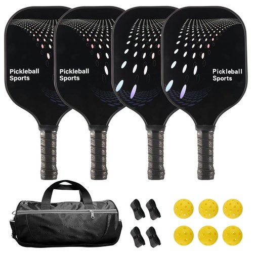 Graphite Pickleball Paddles Set of 4 Pickleball Racquet 6 Pickleball Balls 1 Bag 4 Replacement Soft Grip, Polypropylene Honeycomb Core Lightweight Indoor/Outdoor Pickle Ball Equipment (4)