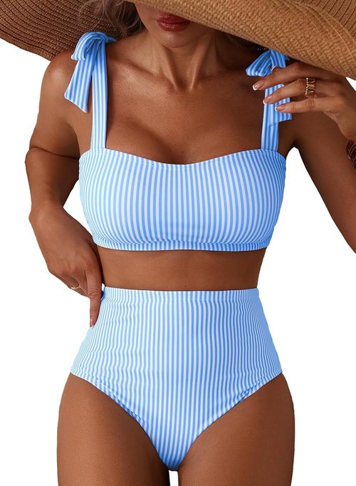 Herseas Women's Bikini Set - Striped High-Waisted Swimsuit with Tie Shoulder Design